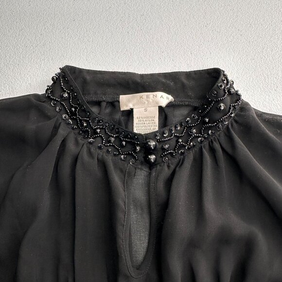 Kenar Beaded Collar Neck Black Short Sleeve Top S Elegant Style Smocked Stretch - Picture 8 of 9